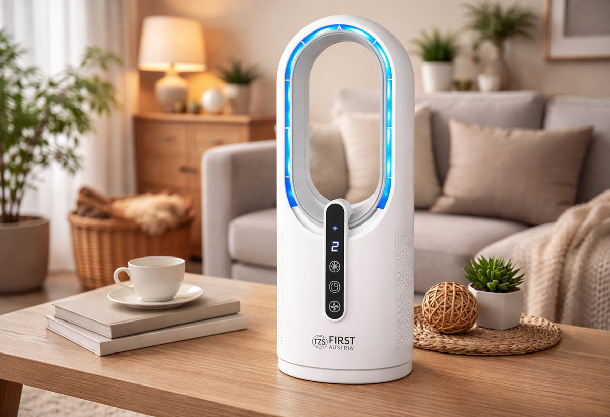 Απεικονίζεται ο ανεμιστήρας σε τραπέζι σαλονιού.